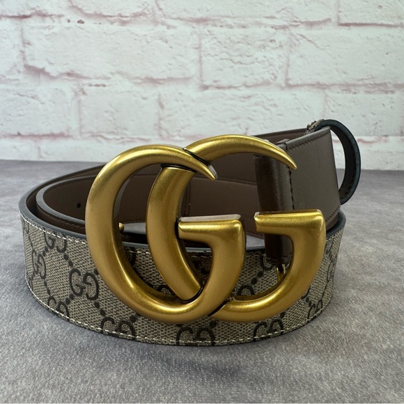 Gucci Marmont GG Thin Double G Khaki Brown Belt 625839 85/34 - Picture 1 of 9